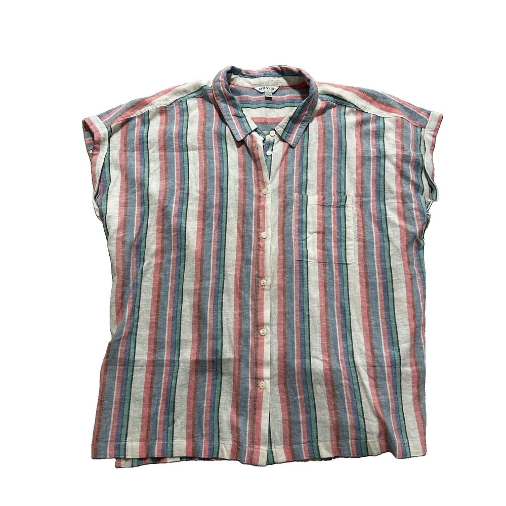 Orvis Women's XXL Linen Button Up Shirt Cap Sleeve Striped Spring Minimalist